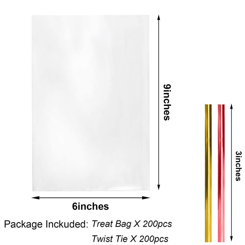 Morepack 6x9 Inches Clear Cellophane Bags 200 Pcs OPP Plastic Treat Bags with 200 Twist Ties for Gift Wrapping,Packaging Candies,Dessert,Bakery, Cookies, Chocolate,Party Favors - Image 2